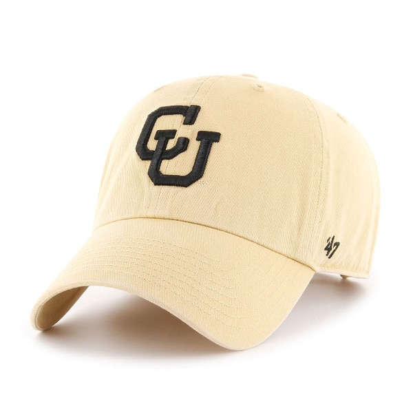 Vegas gold baseball cap with embroidered black interlocking CU logo on front and black 47 brand logo on the left side of the brim.